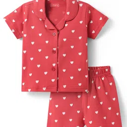 Babyhug Cotton Knit Half Sleeves Shorts Co-Ord Night Suit With Heart Print - Red-picture-37