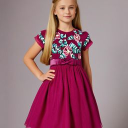 Cherry Crumble By Nitt Hyman Half Puffed Sleeves Bow Applique Detailed Floral Shaped Sequins Embellished Dress - Magenta-picture-2