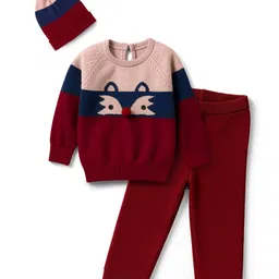 Yellow Apple Knitted Full Raglan Sleeves Animal Designed Sweater Set With Cap - Maroon-picture-24