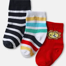 Cute Walk by Babyhug Knit Ankle Length Antibacterial Socks with Lion & Stripe Design Pack Of 3 - Rust Orange & White-picture-10