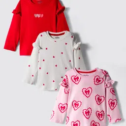 Bonfino 100% Cotton Knit Full Sleeves T-Shirts with Frill Detailing Heart Print & Embroidery Pack of 3 - Light Pink Red & White-picture-10
