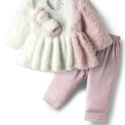 Mom's pet Fur Knit Bow Applique Designed Dress With Pant - Cream Colour-picture-21