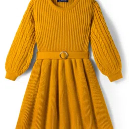 Pine Kids Knit Full Sleeves Pullover Woollen Dress with Belt & Cable Knit Design - Mustard-image-29