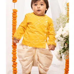 Tiber Taber 100% Cotton Woven Full Sleeves Bandhani Designed Kurta Dhoti Set - Yellow-picture-19