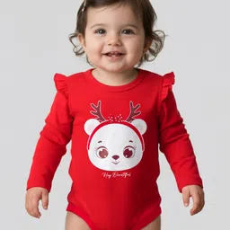 Doodle Poodle 100% Cotton Knit Full Sleeves Onesie With Reindeer Print - Red-image-69