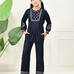 Bella Moda Cotton Woven Full Puffed Sleeves Floral Embroidered Top & Pant Set - Navy Blue-picture-24