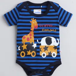 BUMZEE Half Sleeves Rugby Striped With Baby Elephant & Giraffe Printed Onesie - Blue image 3
