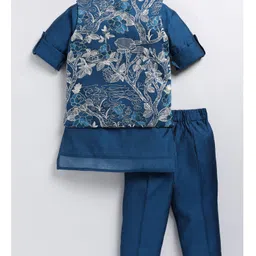 LITTLE COLLARS Full Sleeves Solid Kurta Pyjama With Floral Embroidered Jacket - Blue image 3