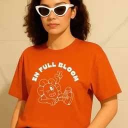 PVC RAIMENTS Women Orange Round Neck Cotton Short Sleeves Printed Tshirts-picture-33