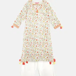 Biba Girls White & Olive Green Ethnic Print Kurta with Solid Palazzos-image-32