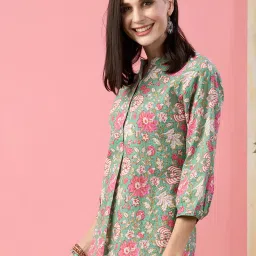 Odette Green Cotton Floral Print A Line Kurti image 5