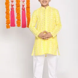 VASTRAMAY Kids Yellow & White Cotton Embroidered Kurta Set-picture-14