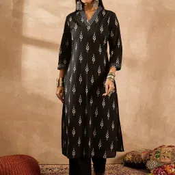 Indo Era Black Cotton Regular Fit Printed Kurta image 5
