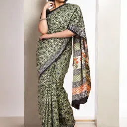 Unnati Silks Green Cotton Printed Saree With Unstitched Blouse-picture-33