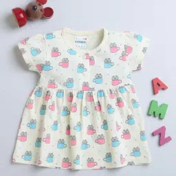 Bumzee Kids Cream Cotton Printed Frock-image-1