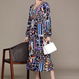 Ritu Kumar Print Puff Sleeve Crepe A-Line Midi Dress with Camisole-picture-32