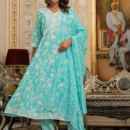 Juniper Floral Printed V-Neck Thread Work Liva A-Line Kurta With Trousers & Dupatta-picture-44