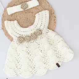 Woonie Short Sleeves Floral Crochet Detailed Woolen Dress With Coordinating Headband - Cream-image-1