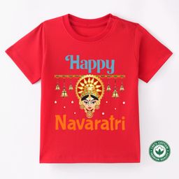BLUSHES Navaratri Theme 100% Cotton Half Sleeves Happy Navaratri Text Printed Tee - Red-picture-37