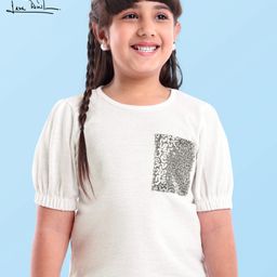 arias by lara dutta Arias Lurex Knit Half Baloon Sleeves Top with Sequins Detailing Pocket - White-picture-22