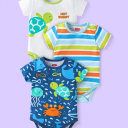 Babyhug 100% Cotton Knit Half Sleeves Onesies with Sea Life Print & Stripes Pack of 3 - White & Blue-image-93