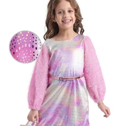 Hola Bonita Knit Full Fur Sleeves Party Dress With Foil Print - Pink-picture-35