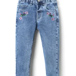 Babyhug Denim Full Length Jeans With Floral Embriodery - Blue-image-84
