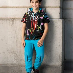 Ollington St. Cotton Half Sleeves Hooded Printed T-Shirt & Knit Joggers Set - Black & Blue-picture-18
