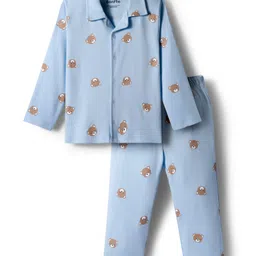 Bonfino 100% Cotton Knit Full Sleeves Co-Ord Night Suit with Teddy Print - Blue-picture-22