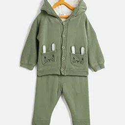 JWAAQ Cotton Knit Full Sleeves Cat Face Designed & Fur Detailed Sweater With Pant Set - Green-image-51