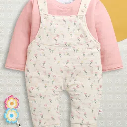 BUMZEE Knit Dungaree & Full Sleeves Inner Tee With Floral Print - Cream & Peach-picture-35