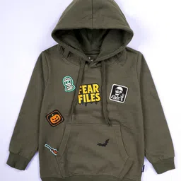 Kiddopanti Fleece Knit Halloween Theme Full Sleeves Skeleton Patch Detailed Hooded Light Winter Sweatshirt - Military Green-picture-20