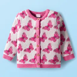 Babyhug Organic Cotton Knit Full Sleeves Front Open Sweater Set with Cap & Butterfly Design - Pink image 2