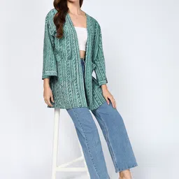 YURAA THE LABEL Floral Printed Cotton Longline Shrug image 3