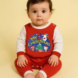 The Peppy Tend 100% Cotton Knit Christmas Theme Raglan Full Sleeves My 1st Christmas Text Printed Romper - Red & White image 4