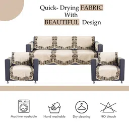 RUBOXA Cream-Coloured & Brown 16 Pieces Cotton Sofa Cover With Arms image 4