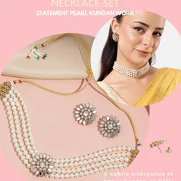 DressBerry Women White Gold-Plated Pearls & Kundan Beaded Brass Choker Necklace & Earrings image 4