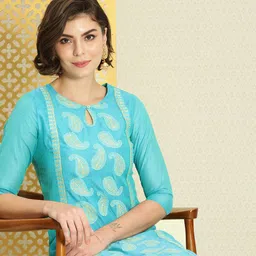 House of Pataudi Women Teal Blue Paisley Embroidered Keyhole Neck Jashn Kurta-picture-11