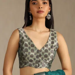 Soch Teal Tussar Solid Saree With Stitched Blouse image 5