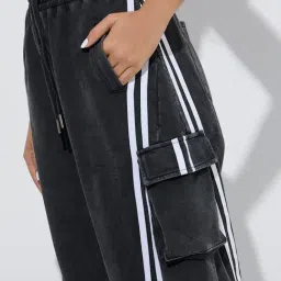 studiofit women Studiofit by Westside Black Stripe Printed High-Rise Denim Track Pants image 4