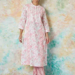 Melange by Lifestyle Pink Cotton Printed A Line Kurta-image-90