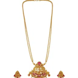 Anouk Gold-Plated Artificial Stone Studded And Beaded Temple Necklace And Earrings image 2