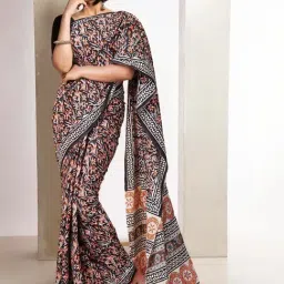 Unnati Silks Black & Orange Cotton Printed Saree With Unstitched Blouse-picture-19