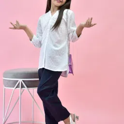 Juniper Girls White & Navy Self Design Shirt With Pants image 5