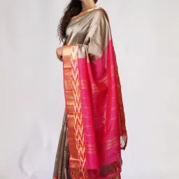 Unnati Silks Brown & Pink Silk Woven Saree With Unstitched Blouse-image-5