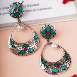 Sangria Green Silver-Plated Artificial Stones Studded Crescent Oxidised Drop Earrings-picture-38
