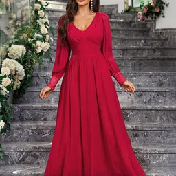 KPOP Women V-Neck Bishop Sleeve Maxi Dress-image-37