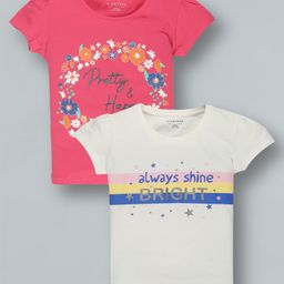 Plum Tree Short Sleeves Floral & Always Shine BrightPrintedT ShirtPack Of 2 - WhitePink-picture-25