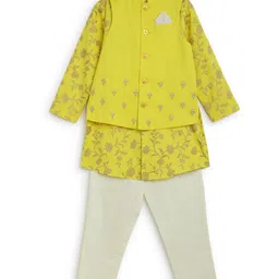 Tiber Taber Full Sleeves Floral Print Kurta With Embroidered Waistcoat And Pyjama - Yellow-image-1