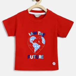 Tales & Stories Cotton Half Sleeves I Am The Future Text Embroidered Tee - Red-picture-25